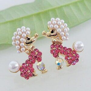 18k Gold Plated Crystal Pearl Dog Poodle Stud Earrings Rosy Colored